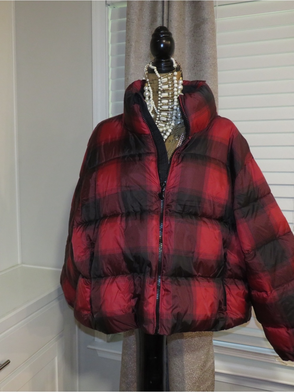 Old Navy Red and Black Plaid Puffer Jacket